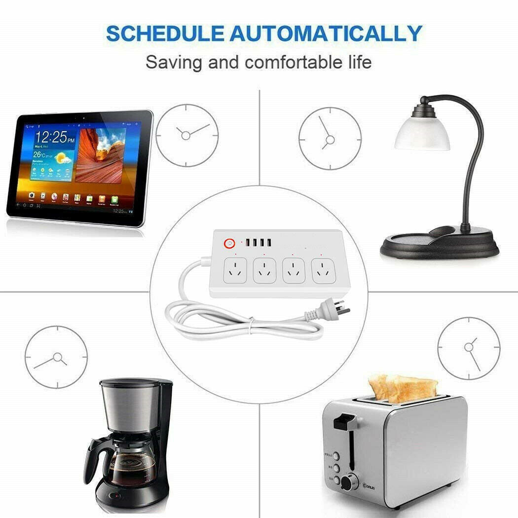 Tuya Smart Power Strip with 4 Outlets 4USB Ports,Australia Smart Power Bar Multiple Outlet Extension work with Alexa and Google Tuya Smart Power Strip with 4 Outlets 4USB Ports,Australia Smart Power Bar Multiple Outlet Extension work with Alexa and Google